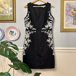 Ann Taylor Loft Black Linen Sleeveless Dress Embroidered Wedding Guest Size 6